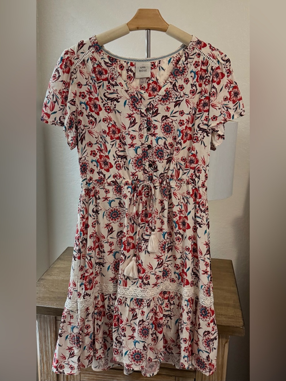 Knox Rose White Floral Boho Midi Dress with Red and Teal Accents